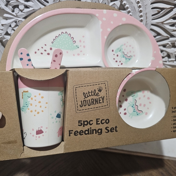 NEW Little Journey 5pc Bamboo Dinsour Kids Feeding Set Plate Cup Bowl Spoon Fork - Picture 4 of 6